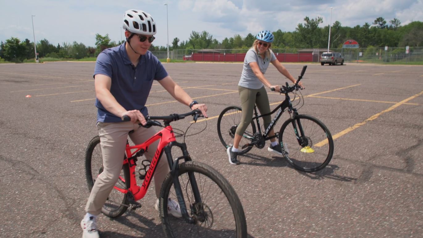 Spencer Pierce and Baihly Warfield learn to balance on bikes