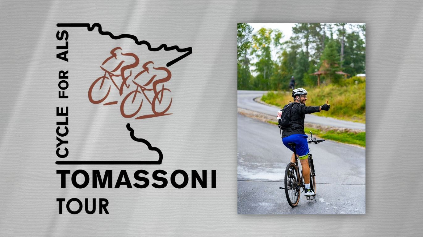 The Tomassoni Tour logo and a cyclist giving a thumbs up