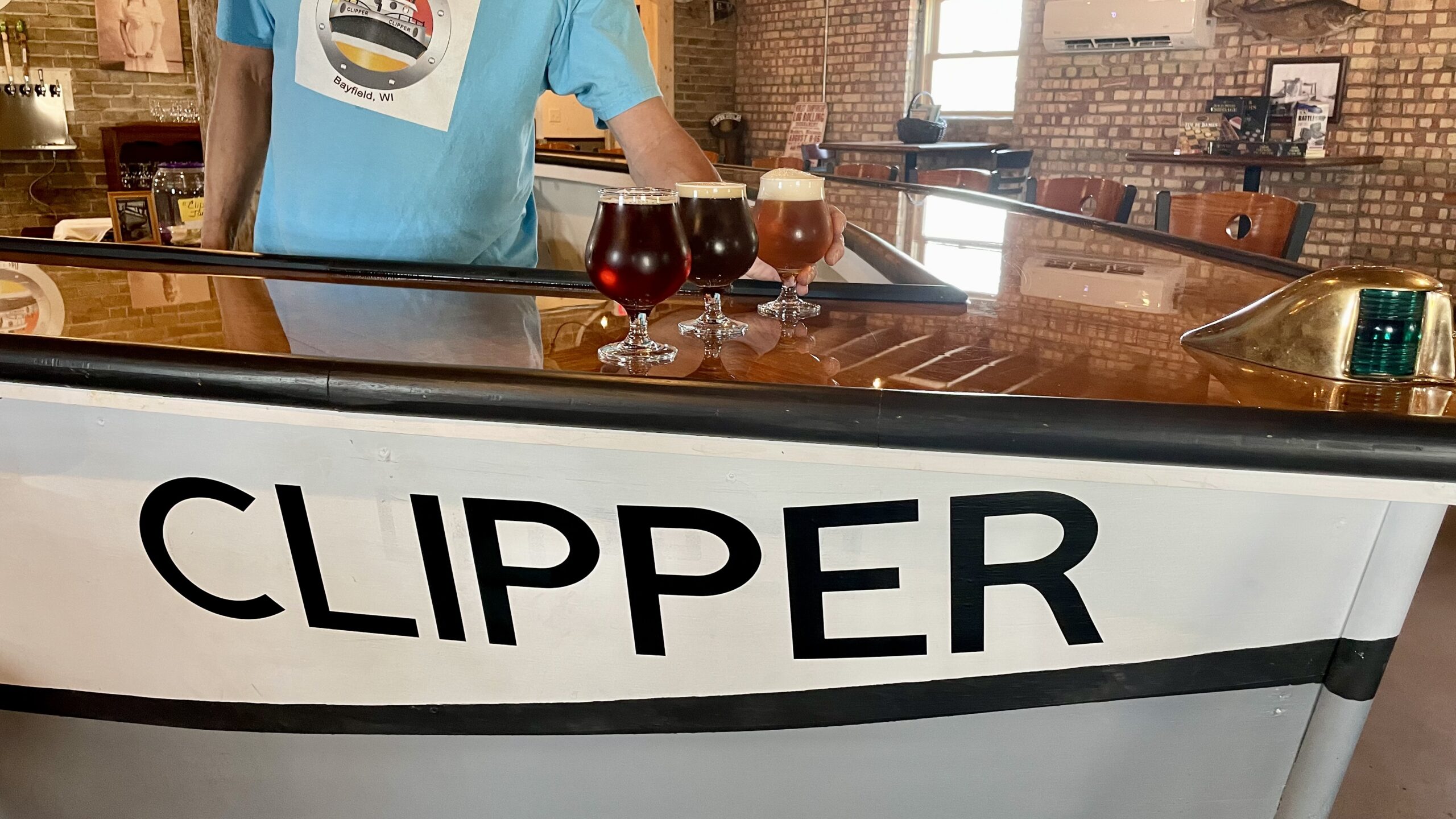 The hull-shaped bar at Clipper Brewing