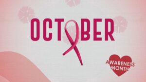 The word October with a pink ribbon