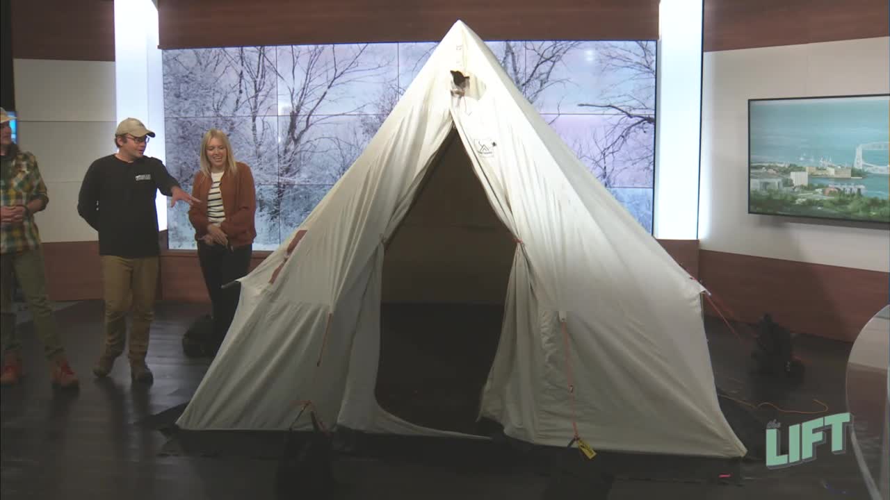 A winter camping tent in the WDIO studio