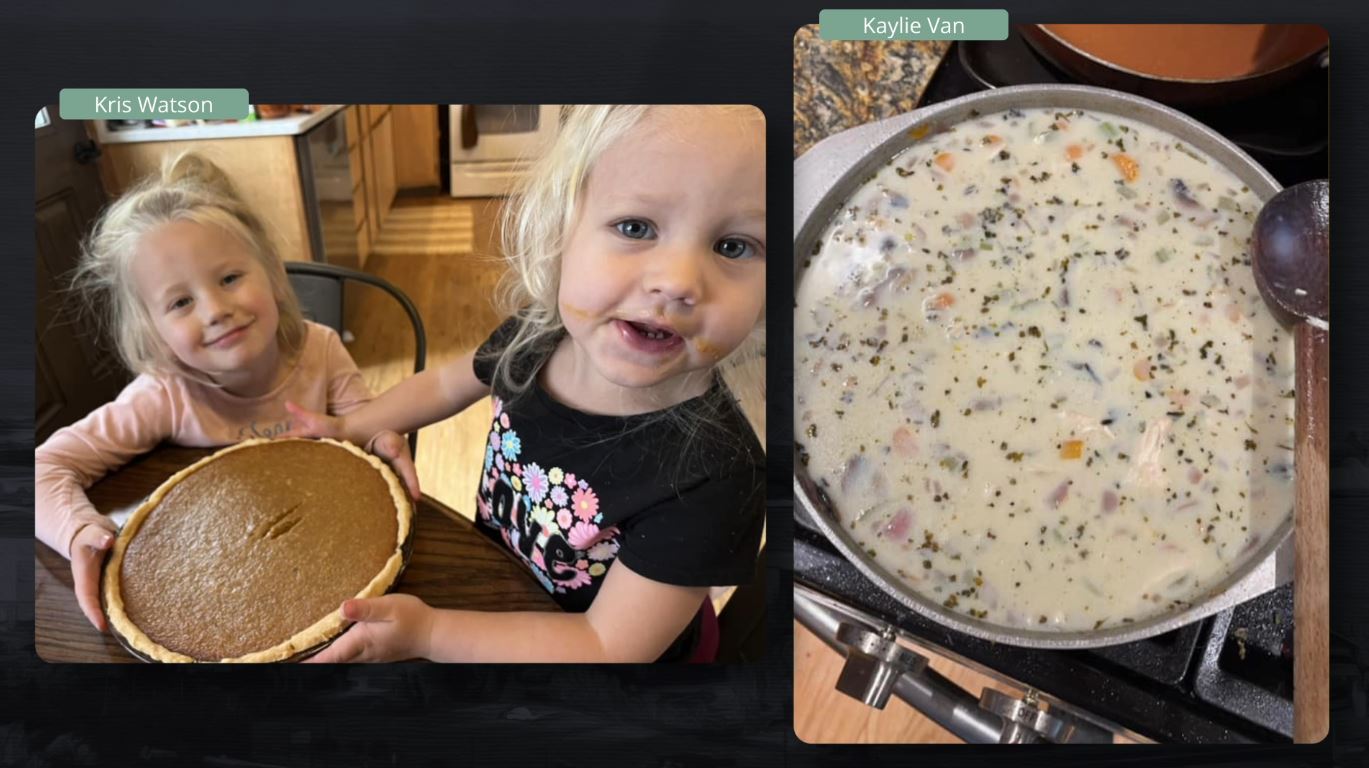 Two kids with pumpkin pie and a pot of chicken wild rice soup