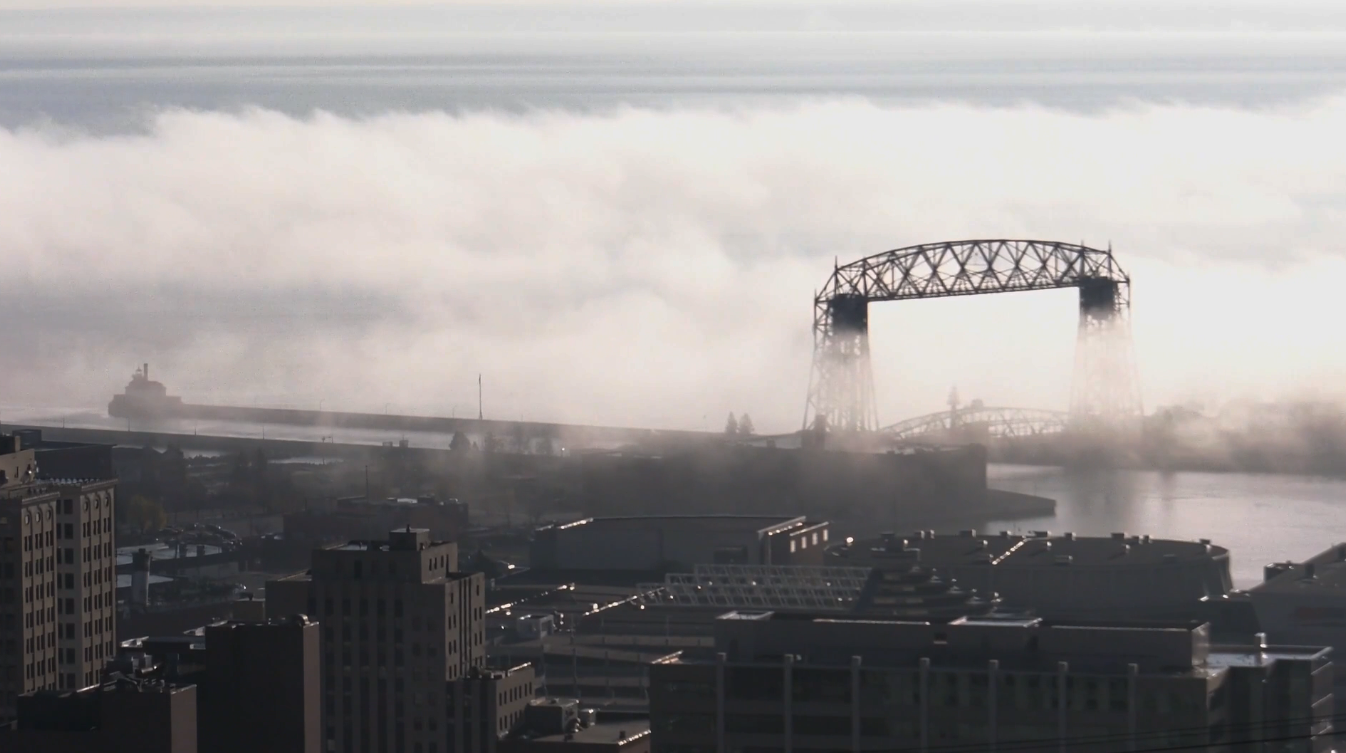 It's so cold sea smoke hovers around the Aerial Lift Bridge