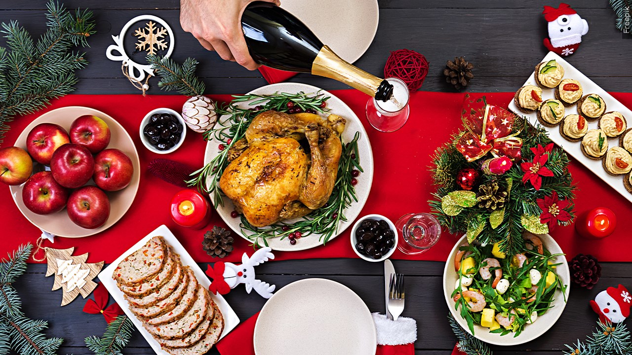 A holiday meal on a table from above