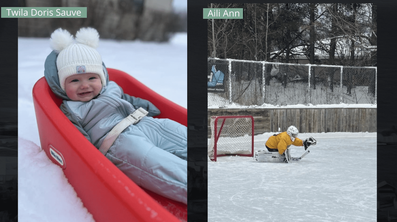 A baby in a sled and a kid playing hockey goalie